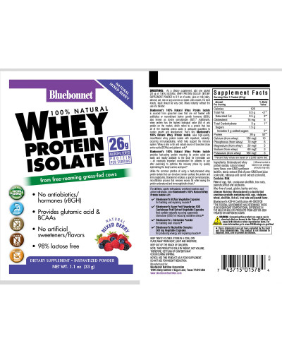 Изолят сывороточного белка, Микс Ягод, Whey Protein Isolate, Bluebonnet Nutrition, 8 пакетиков