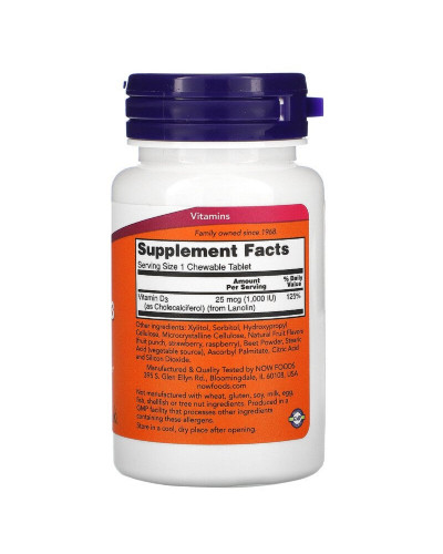 Вітамін D3 1000 IU, фруктовий смак, Chewable Vitamin D3, Natural Fruit Flavor, Now Foods, 180 жувальних таблеток