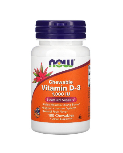 Вітамін D3 1000 IU, фруктовий смак, Chewable Vitamin D3, Natural Fruit Flavor, Now Foods, 180 жувальних таблеток