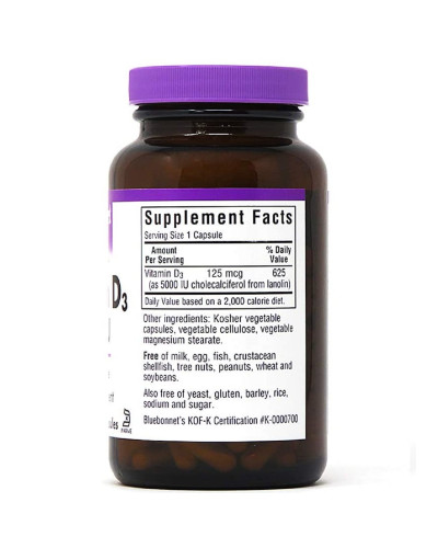 Вiтамiн D3 5000IU, Bluebonnet Nutrition, 120 вегетаріанських капсул Вiтамiн D3 5000IU, Bluebonnet Nutrition, 120 вегетаріанських капсул