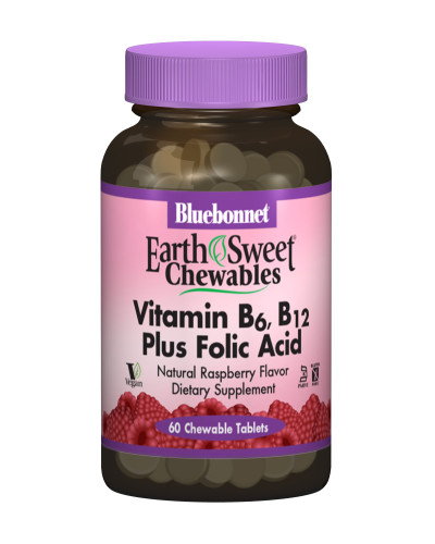 Вітамін B6, B12 + Фолієва кислота, Смак Малини, Earth Sweet Chewables, Bluebonnet Nutrition, 60 жувальних таблеток