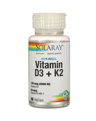 Вітамін D3 + K2, Soy-Free, Solaray, 60 Вегетаріанських капсул
