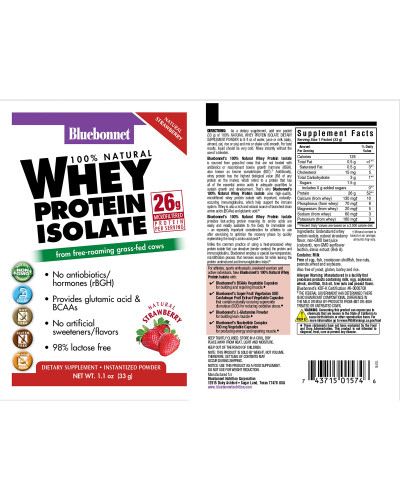 Изолят сывороточного белка, Вкус Клубники, Whey Protein Isolate, Bluebonnet Nutrition, 8 пакетиков