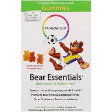 Мультивитамины и мультиминералы, Bear Essentials, Вкус Клубники, Лимона и Апельсина, Rainbow Light, 30 пакетиков, (по 3 жевательных конфеты)