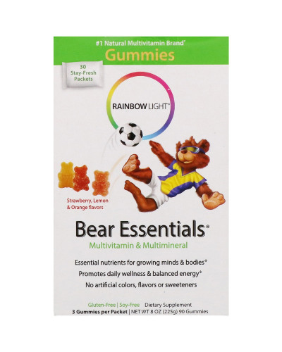 Мультивітаміни та Мультімінералі, Bear Essentials, Смак Полуниці, Лимону та Апельсину, Rainbow Light, 30 пакетиків, (по 3 жувальні конфети)