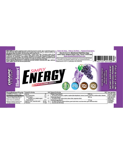 Энергетический напиток в порошке, Вкус Винограда, Bluebonnet Nutrition, Simply Energy Grape, 14 пакетиков по 10 г