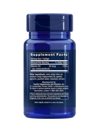 Вітамін D3, Vitamin D3, Life Extension, 25 мкг (1000 МО), 90 гелевих капсул