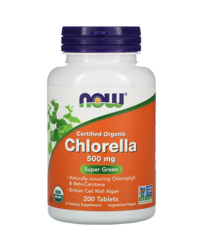 Органическая Хлорелла, Chlorella, Now Foods, 500мг, 200 Таблеток