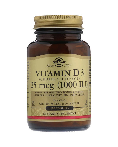 Вітамін D3, Cholecalciferol, Solgar, 25 мкг, 1,000 МО, 180 таблеток