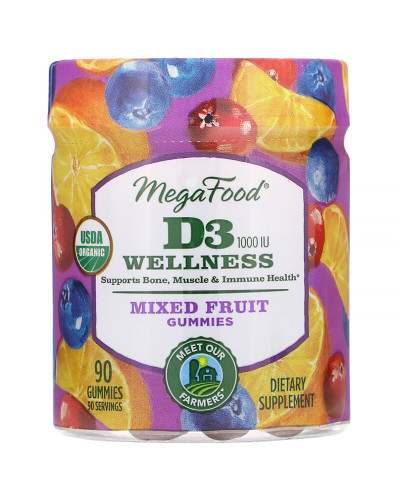 Вітамін D3, 1000 IU, Wellness, смак фруктів, MegaFood, 90 желейних цукерок