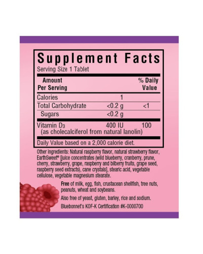 Вітамін D3 400IU, Смак Малини, Earth Sweet Chewables, Bluebonnet Nutrition, 2 жувальні таблетки