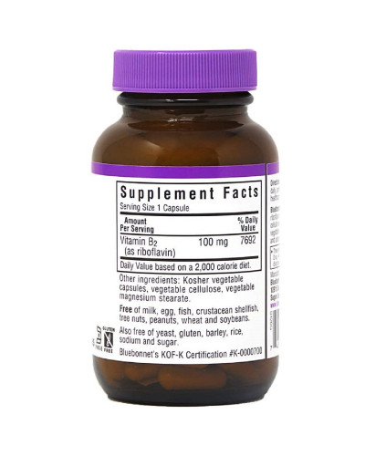 УЦІНКА Вітамін B2 100 мг, Vitamin B2, Bluebonnet Nutrition, 100 вегетаріанських капсул (частково відсутня плівка)