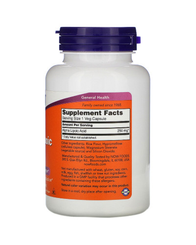 Альфа-Ліпоєва кислота 250 мг, Alpha Lipoic Acid, Now Foods, 120 капсул (вм'ятина)