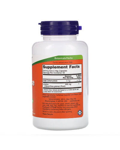 Корінь Лакриці (Солодки), Licorice Root, 450 Мг, Now Foods, 100 Капсул