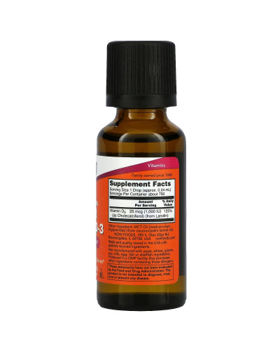 Рідкий Вітамін D3 підвищеної сили, 1000 МО, Liquid Vitamin D3, Extra Strength, Now Foods, 30 мл (1 рідка унція)