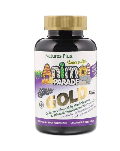 Жевательные Мультивитамины и Минералы для Детей, Вкус Винограда, Animal Parade Gold, Natures Plus, 120 таблеток в форме животных