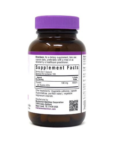 Вітамін B1 100 мг, Vitamin B1, Bluebonnet Nutrition, 100 вегетаріанських капсул