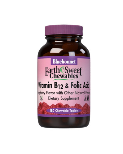Вітамін В12 і Фолієва кислота, Смак Малини, Earth Sweet Chewables, Bluebonnet Nutrition, 180 жувальних таблеток