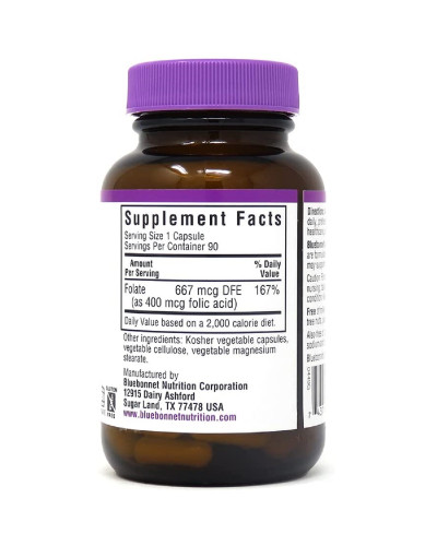 Фолиевая кислота 400 мг, Folic Acid, Bluebonnet Nutrition, 90 вегетарианских капсул