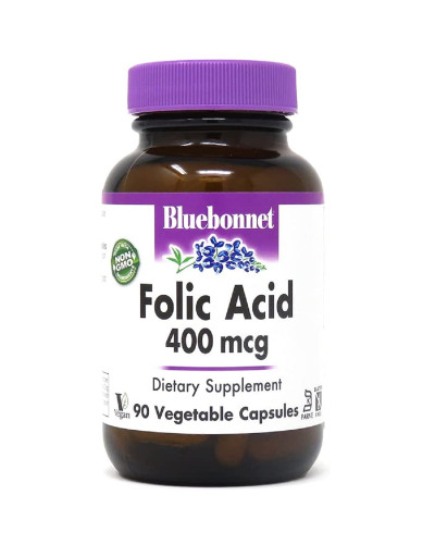 Фолиевая кислота 400 мг, Folic Acid, Bluebonnet Nutrition, 90 вегетарианских капсул