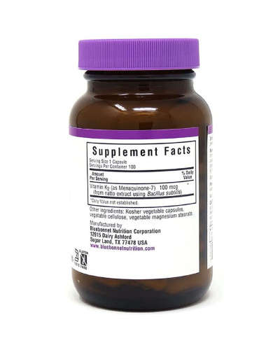 Вітамін K2 100 мкг, Vitamin K2, Bluebonnet Nutrition, 100 вегетаріанських капсул