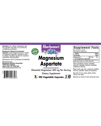 Аспартат Магния 400 мг, Magnesium Aspartate, Bluebonnet Nutrition, 100 вегетарианских капсул