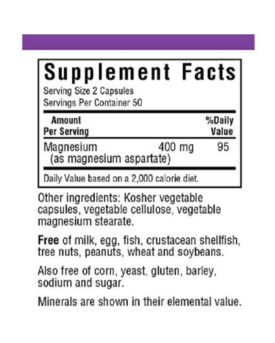 Аспартат Магния 400 мг, Magnesium Aspartate, Bluebonnet Nutrition, 100 вегетарианских капсул