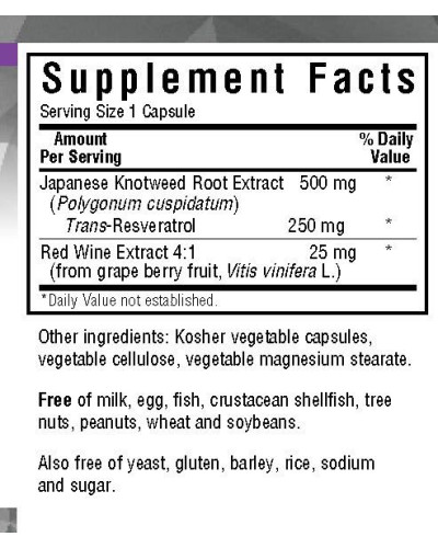 Ресвератрол 250 мг, Beautiful Ally, Bluebonnet Nutrition, Resveratrol 250 мg, 30 растительных капсул