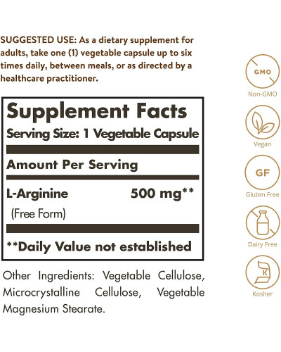 L-Аргінін 500 мг, L-Arginine, Solgar, 100 вегетаріанських капсул
