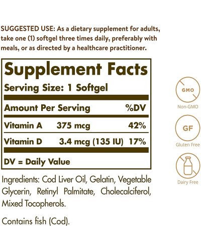 Вітаміни A і D з печінки норвезької тріски, Cod Liver Oil & Vitamins A & D, Solgar, 100 желатинових капсул