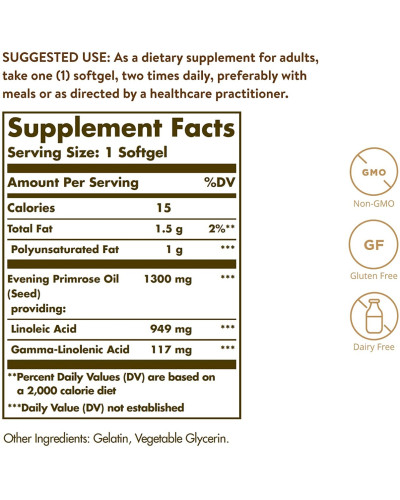 Масло Примулы Вечерней 1300 мг, Evening Primrose Oil, Solgar, 30 желатиновых капсул
