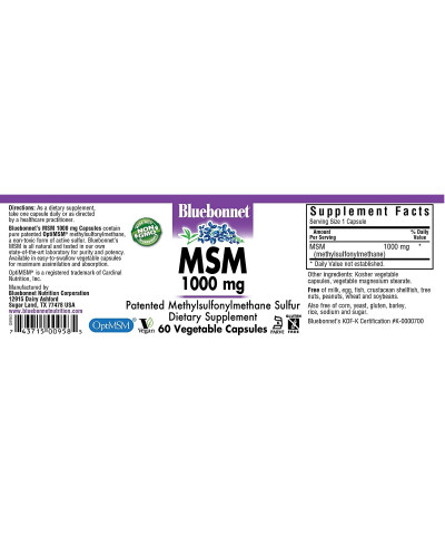 МСМ 1000 мг, MSM, Bluebonnet Nutrition, 60 вегетарианских капсул