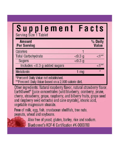 Мелатонін, Melatonin, 1 мг, Bluebonnet Nutrition, EarthSweet, Малиновий Смак, 120 жувальних таблеток