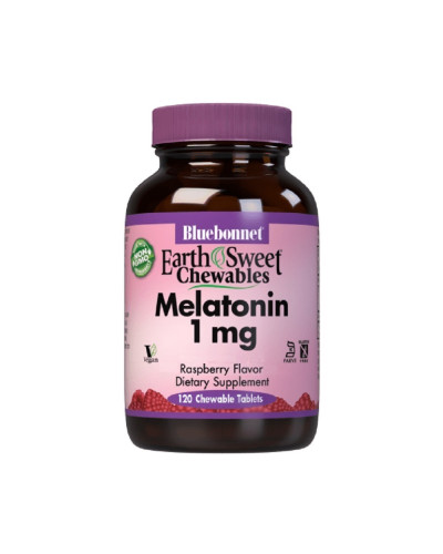 Мелатонін, Melatonin, 1 мг, Bluebonnet Nutrition, EarthSweet, Малиновий Смак, 120 жувальних таблеток