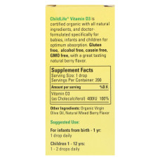УЦІНКА Рідкий Вітамін D3 для Дітей зі Смаком Ягід, 400 МЕ, Organic Vitamin D3 Drops, ChildLife, 6,25 мл (пошкодження друку на упаковці)