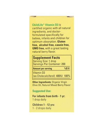 УЦІНКА Рідкий Вітамін D3 для Дітей зі Смаком Ягід, 400 МО, Organic Vitamin D3 Drops, ChildLife, 6,25 мл