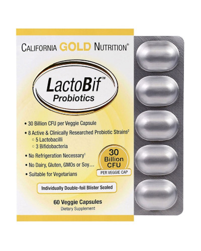Пробіотики LactoBif, Probiotics, California Gold Nutrition, 30 млрд КОЕ, 60 овочевих капсул