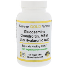 Глюкозамин, Хондроитин, Метилсульфонилметан + Гиалуроновая кислота, California Gold Nutrition, 120 вегетарианских капсул