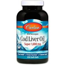 УЦЕНКА Жир из печени Норвежской Трески, 1000 мг, Cod Liver Oil, Carlson, 250 гелевых капсул (трещина на крышке)