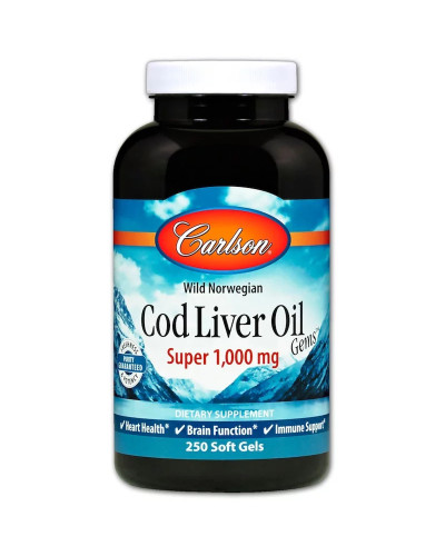 Уцінка Жир із Печінки Норвезької Тріски, 1000 мг, Cod Liver Oil, Carlson, 250 гелевих капсул (тріщина на кришці)