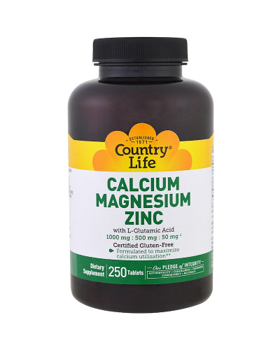 Кальций, Магний и Цинк с L-Глютамином, Calcium Magnesium Zync, Country Life, 250 таблеток