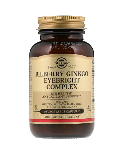 Комплекс для Глаз, Bilberry Ginkgo Eyebright Complex, Solgar, 60 капсул