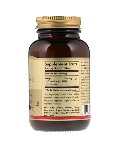 Ацетил L-Карнітин, 1000 мг, Acetyl L-Carnitine, Solgar, 30 таблеток