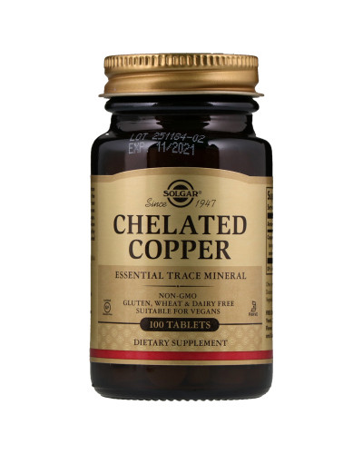 Хелатная Медь, Chelated Copper, Solgar, 100 таблеток