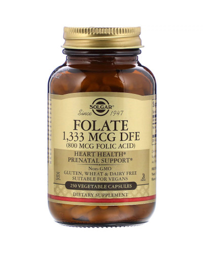 Фолієва Кислота (В9), Folic Acid, 800 мкг, Solgar, 250 рослинніх капсул