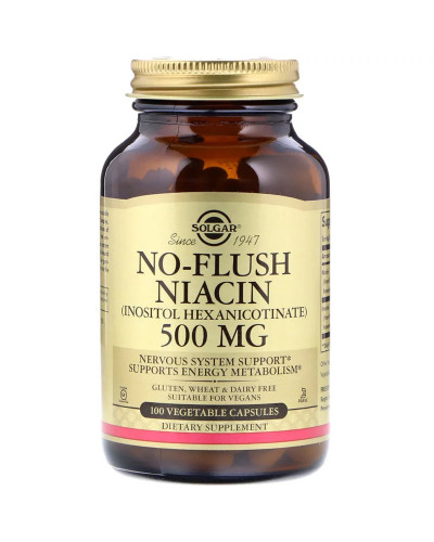 Ніацин (В3), 500 мг, No-Flush Niacin, Solgar, 100 вегетаріанських капсул
