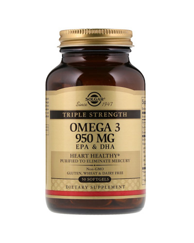 УЦІНКА Омега-3, ЕПК та ДГК, Triple Strength, 950 мг, Solgar, 50 желатинових капсул (без зовнішньої плівки)
