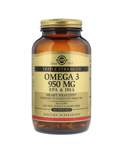 УЦІНКА Риб'ячий Жир, Омега 3 (Omega-3 EPA, DHA), 950 мг, Потрійна Сила, Solgar, 100 желатинових капсул (пошкоджена етикетка) УЦІНКА Риб'ячий Жир, Омега 3 (Omega-3 EPA, DHA), 950 мг, Потрійна Сила, Solgar, 100 желатинових капсул (пошкоджена етикетка)