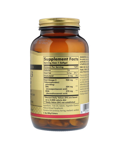 УЦІНКА Риб'ячий Жир, Омега 3 (Omega-3 EPA, DHA), 950 мг, Потрійна Сила, Solgar, 100 желатинових капсул (пошкоджена етикетка)