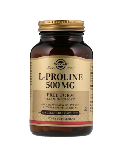 L-Пролін, 500 мг, L-Proline, Solgar, 100 рослинних капсул